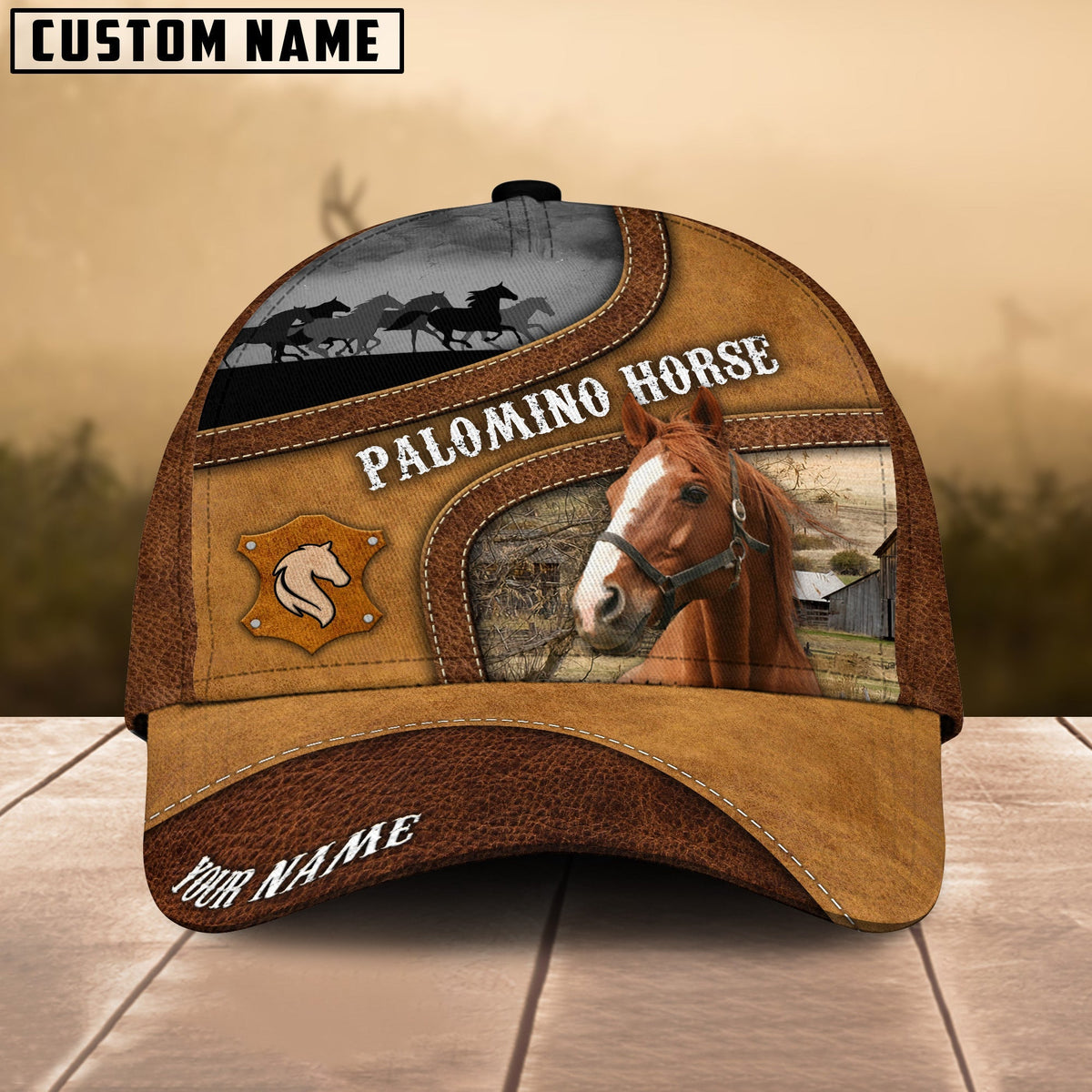 Thoroughbred Brown Curved Leather Pattern Personalized Name Cap