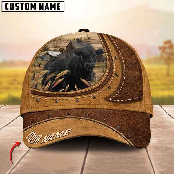 Black Angus On The Farm Customized Name Brown Leather Pattern Cap