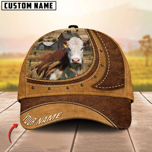Hereford On The Farm Customized Name Brown Leather Pattern Cap
