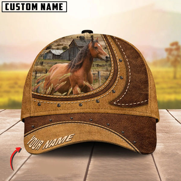 Horse On The Farm Customized Name Brown Leather Pattern Cap