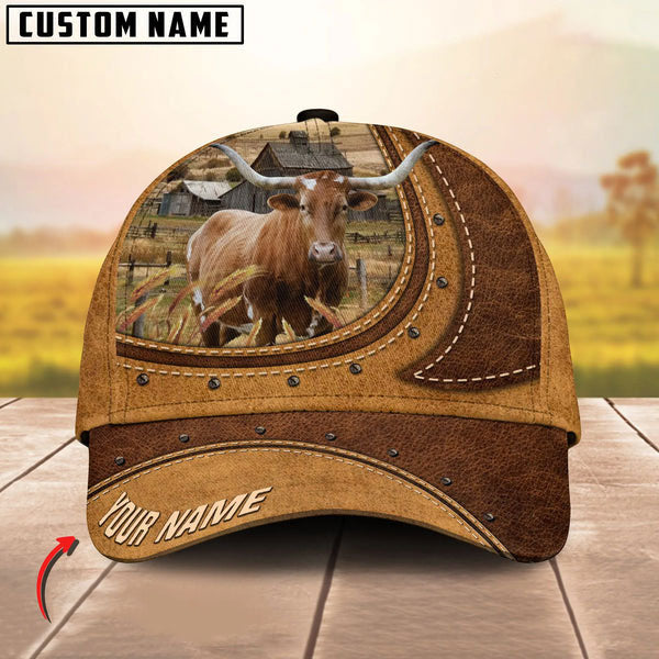 Texas Longhorn On The Farm Customized Name Brown Leather Pattern Cap