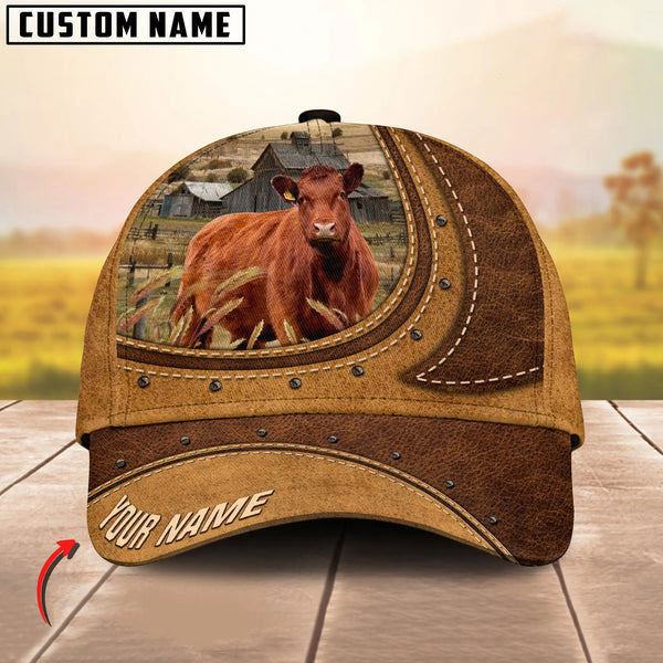 Red Angus On The Farm Customized Name Brown Leather Pattern Cap