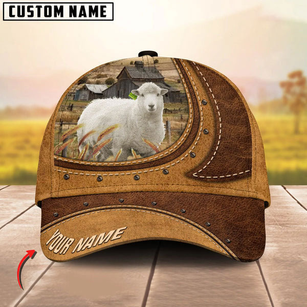 Sheep On The Farm Customized Name Brown Leather Pattern Cap