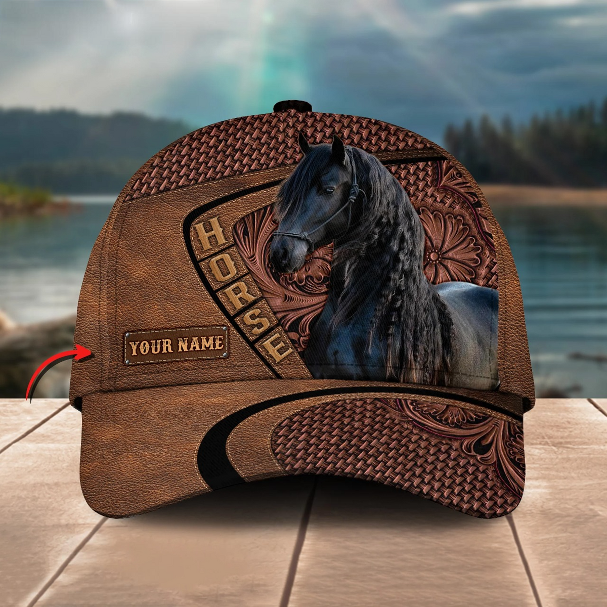 Friesian Horse Carving Leather Pattern Personalized Name Cap