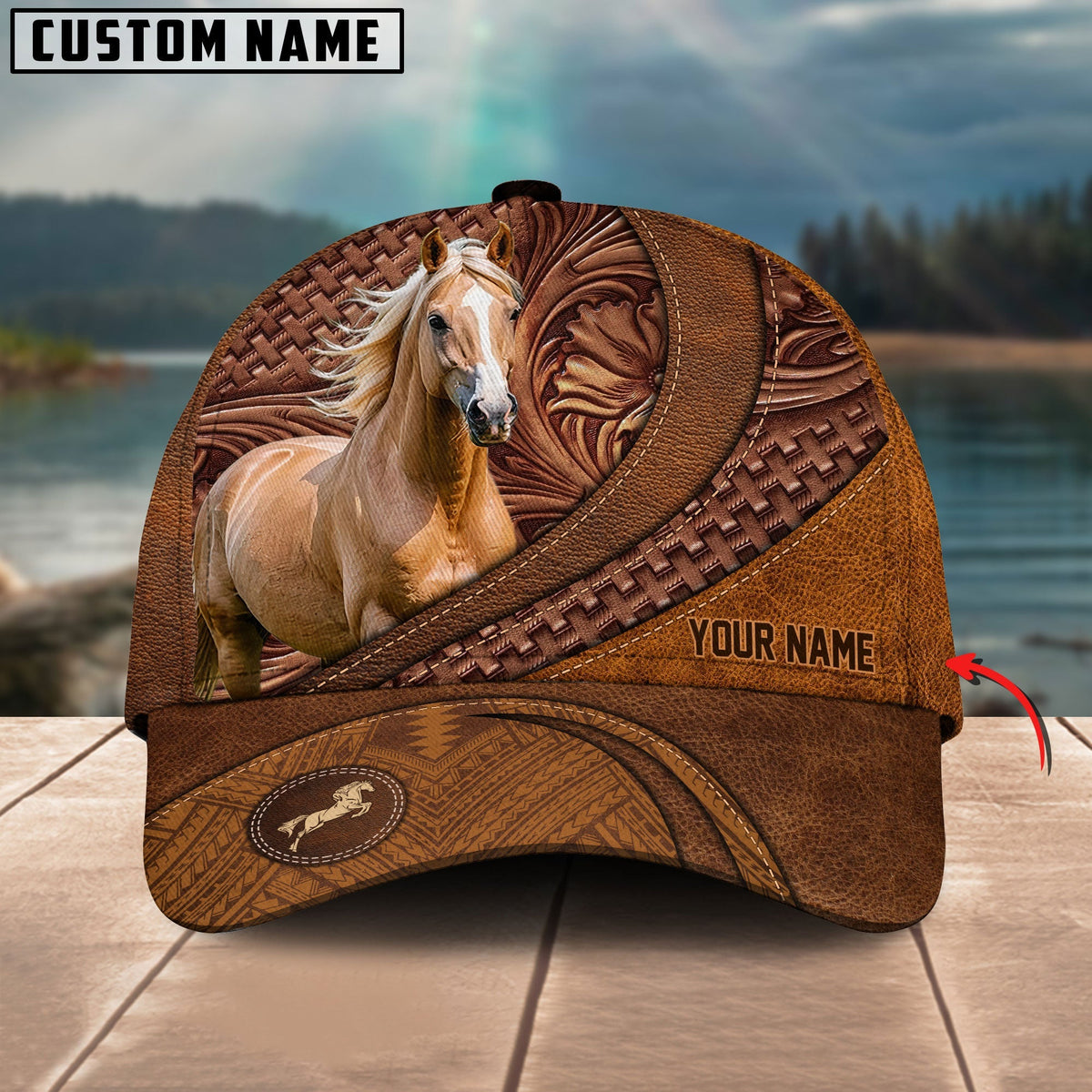 Palomino Horse Carving Leather Pattern Custom Name Cap