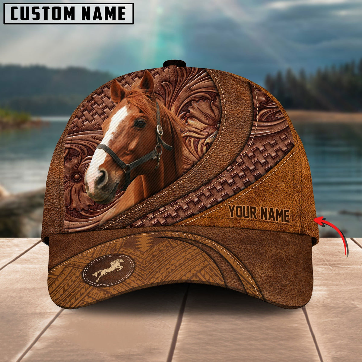 Thoroughbred Horse Carving Leather Pattern Custom Name Cap