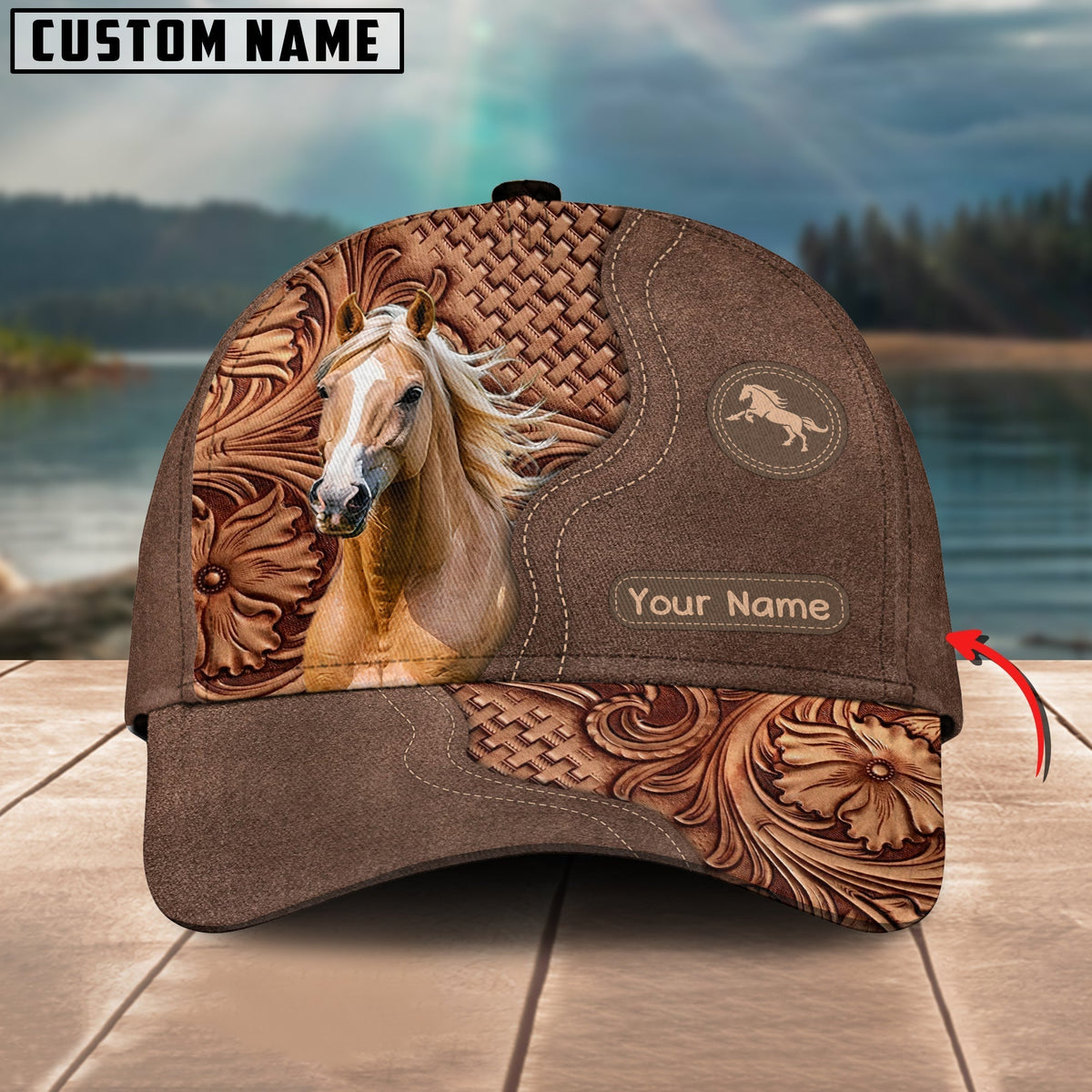 Palomino Horse Carving Leather Pattern Personalized Name Cap