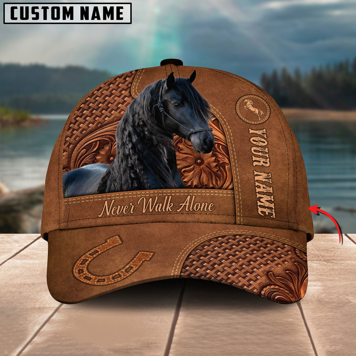 Friesian Horse Carving Leather Pattern Custom Name 3D Classic Cap