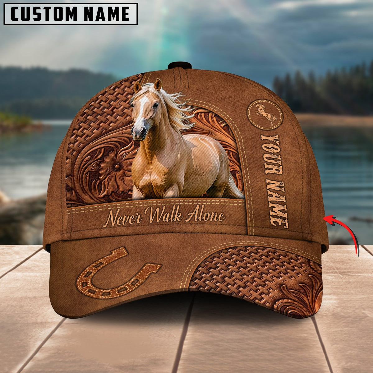 Palomino Horse Carving Leather Pattern Personalized Name Cap
