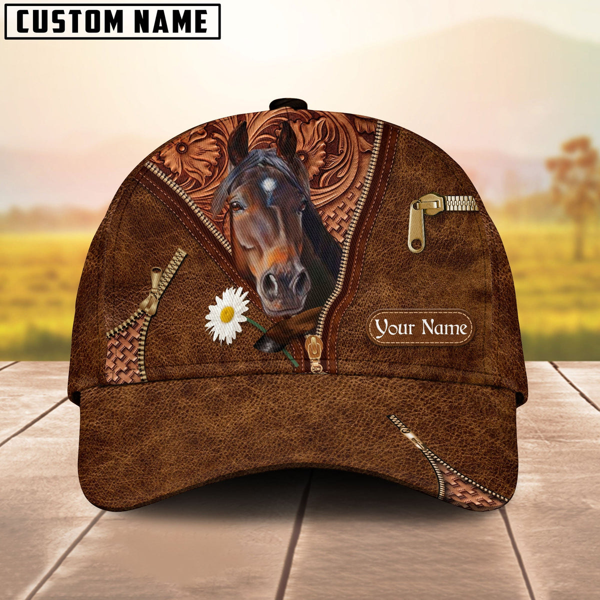 Brown Horse Lover Leather Pattern Customized Name Cap