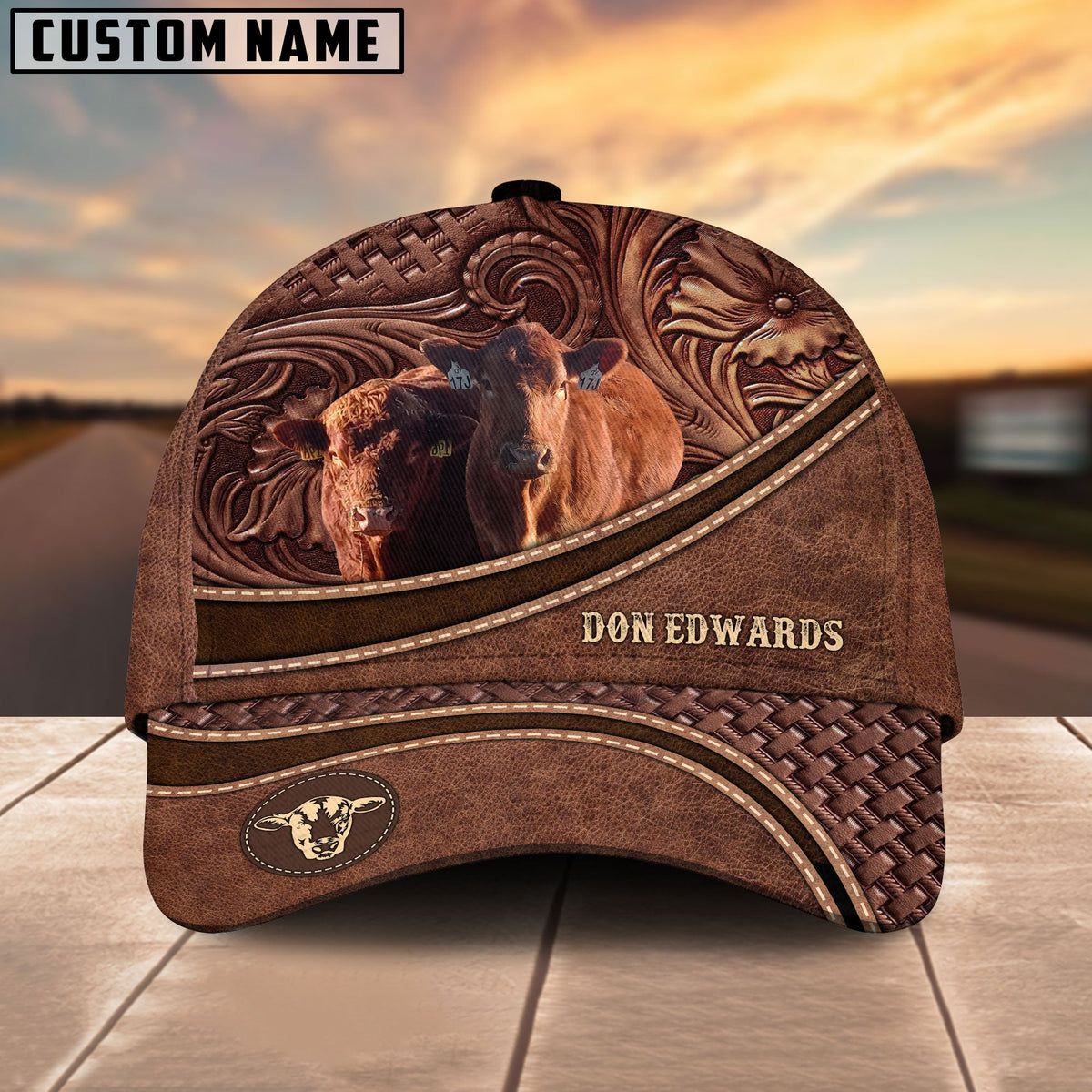 Picture of Mary Edwards Personalized Name Brown Carving Leather Pattern 3D Classic Cap
