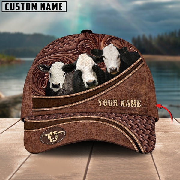 Bald Face Angus Personalized Name Brown Carving Leather Pattern 3D Classic Cap