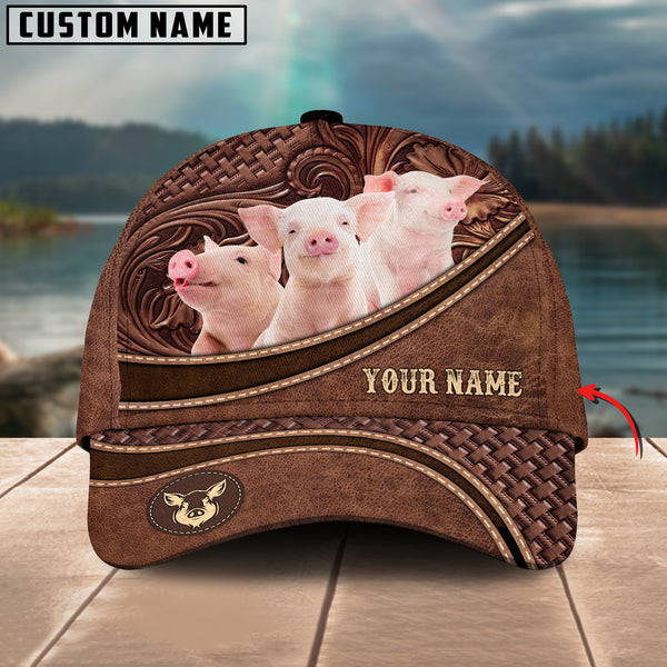 Pig Personalized Name Brown Carving Leather Pattern 3D Classic Cap