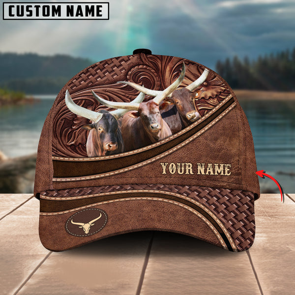 Watusi Cattle Personalized Name Brown Carving Leather Pattern 3D Classic Cap