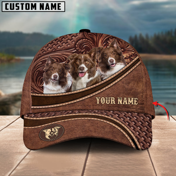Brown Border Collie Personalized Name Brown Carving Leather Pattern 3D Classic Cap