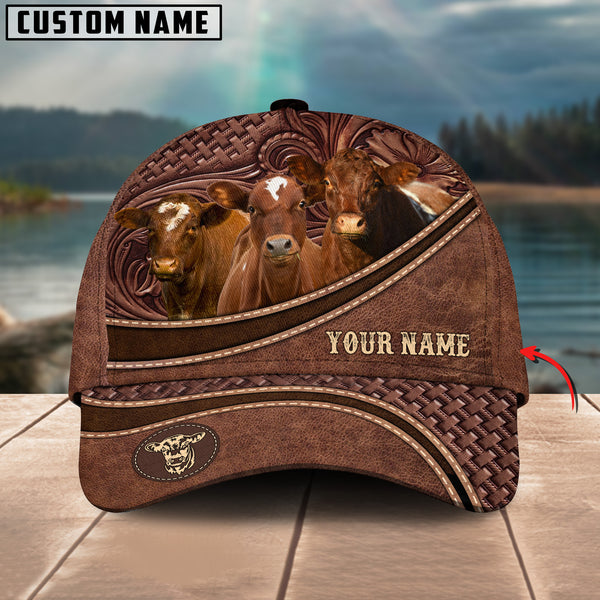 Shorthorn Personalized Name Brown Carving Leather Pattern 3D Classic Cap