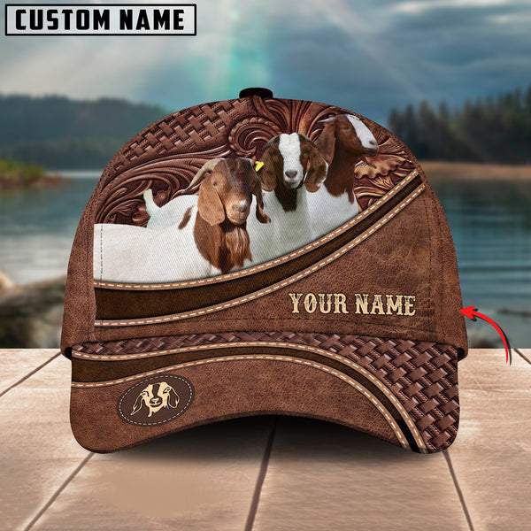 Boer Goat Personalized Name Brown Carving Leather Pattern 3D Classic Cap