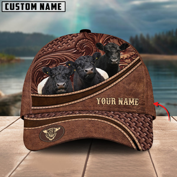 Belted Galloway Personalized Name Brown Carving Leather Pattern 3D Classic Cap