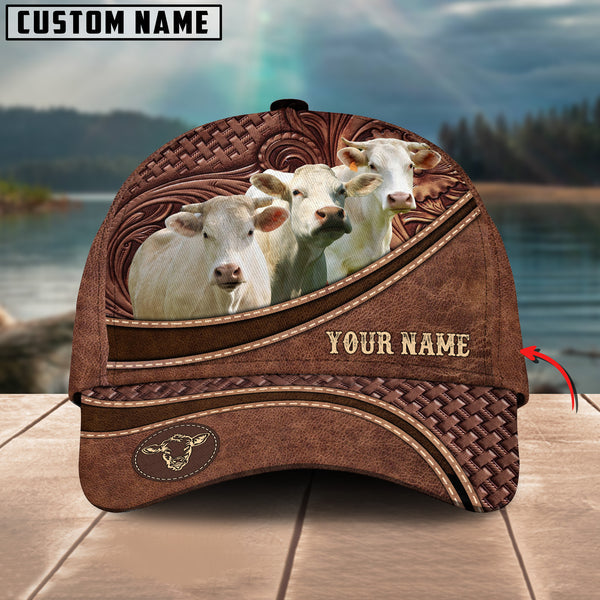 Charolais Personalized Name Brown Carving Leather Pattern 3D Classic Cap