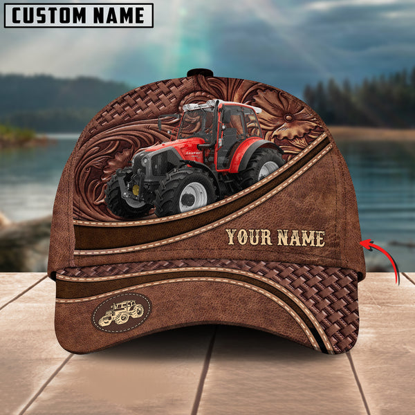 Tractor Personalized Name Brown Carving Leather Pattern 3D Classic Cap
