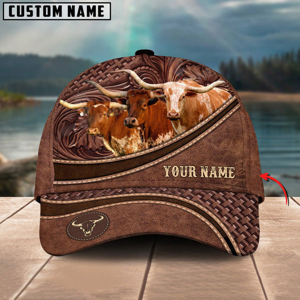 Texas Longhorn Personalized Name Brown Carving Leather Pattern 3D Classic Cap