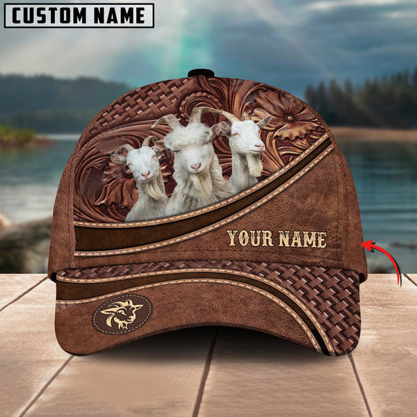 Goat Personalized Name Brown Carving Leather Pattern 3D Classic Cap