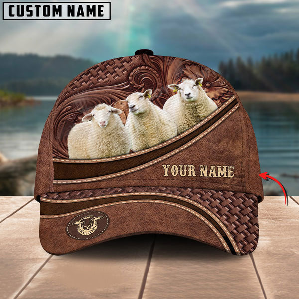 Sheep Personalized Name Brown Carving Leather Pattern 3D Classic Cap