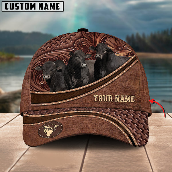 Black Beefmaster Personalized Name Brown Carving Leather Pattern 3D Classic Cap