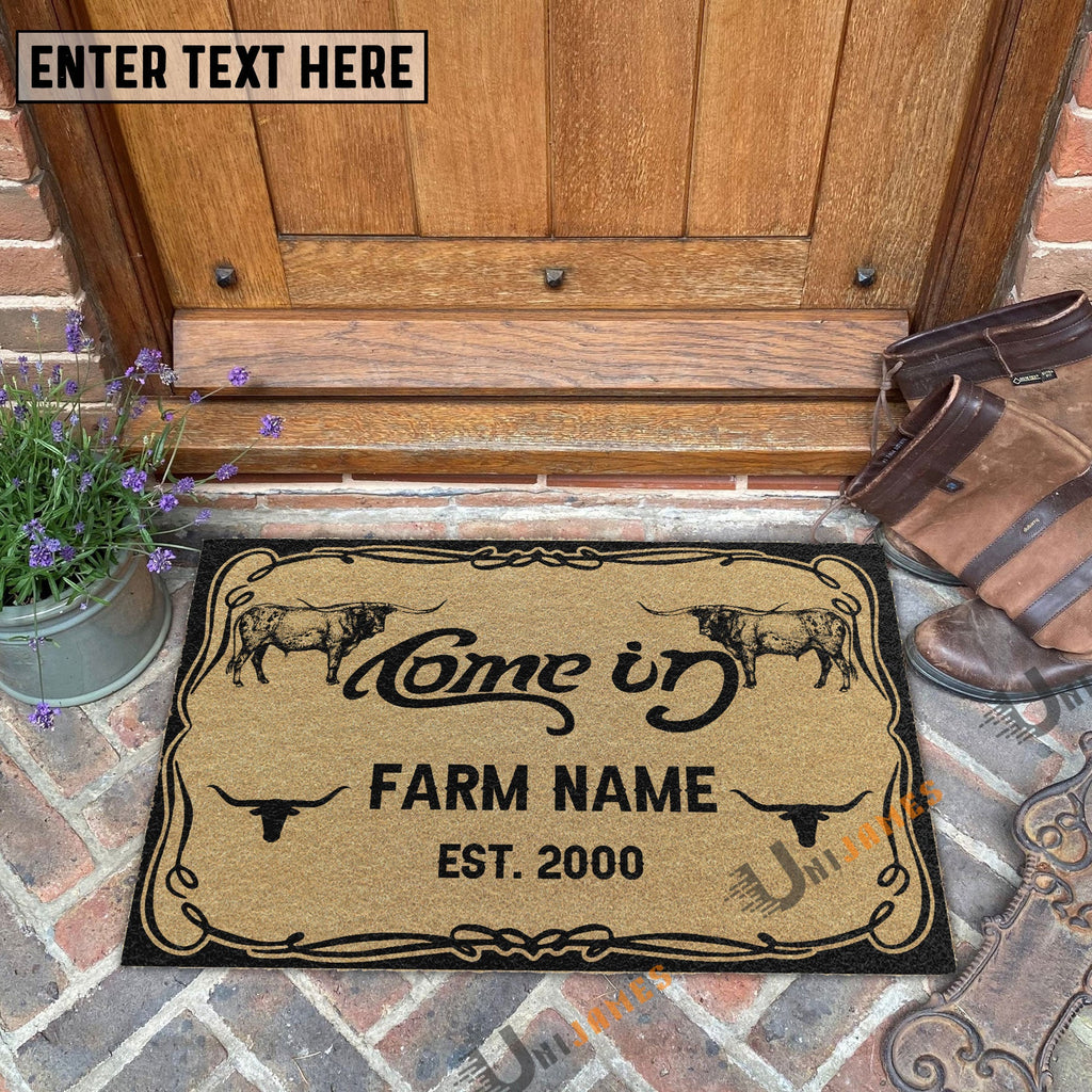 Texas Longhorn Funny Come In Go Away Custom Farm Name Custom Year Coir Doormat