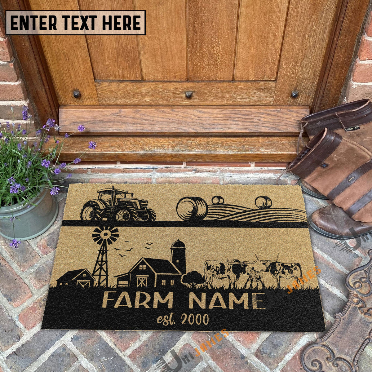 Texas Longhorn Happy Ranch Custom Farm Name Custom Year Coir Doormat