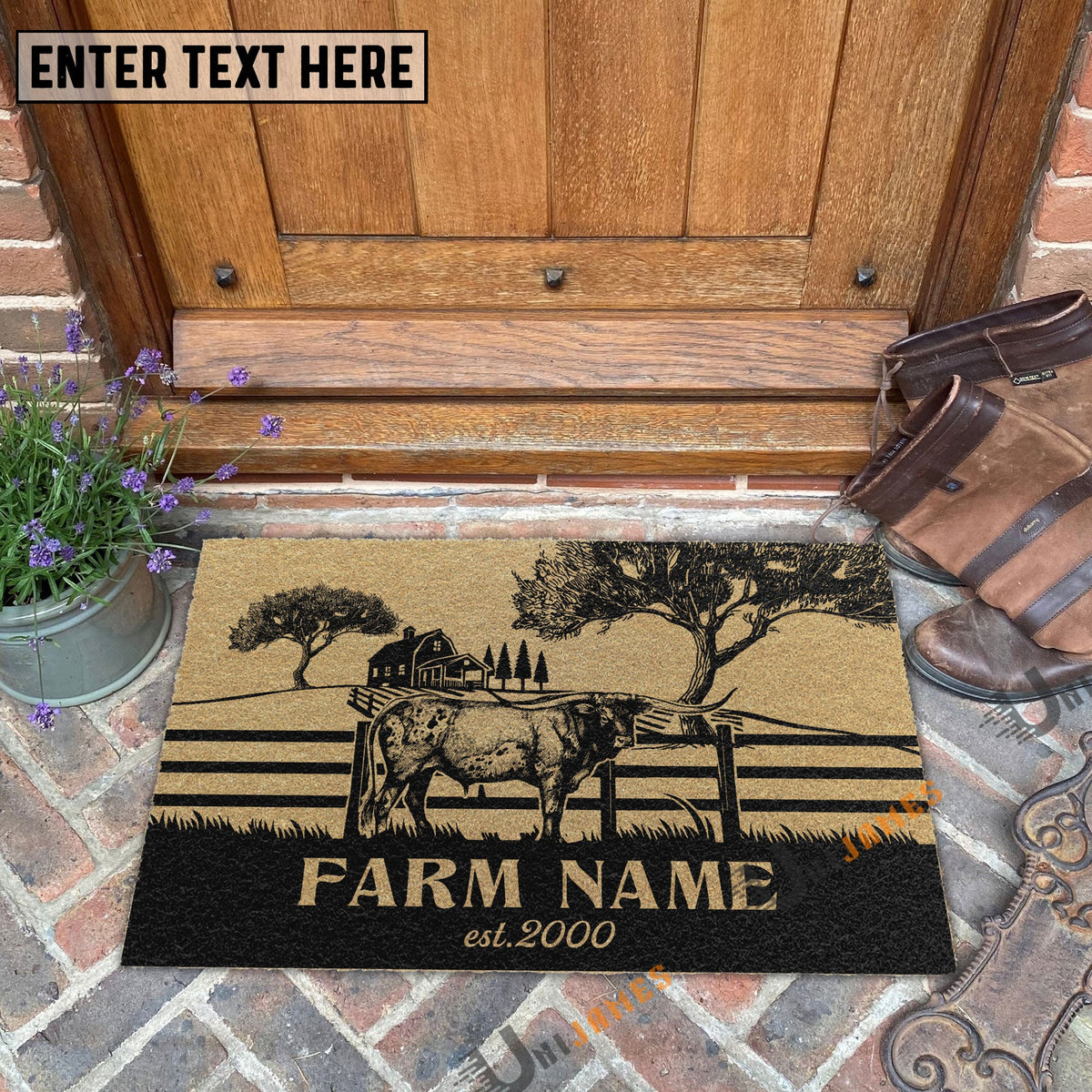 Texas Longhorn Little Ranch Custom Farm Name Custom Year Coir Doormat