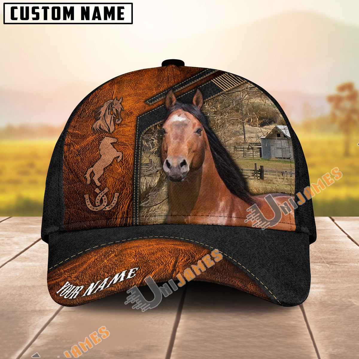 American Quarter Horse Dark Brown Leather Pattern Personalized Name Cap