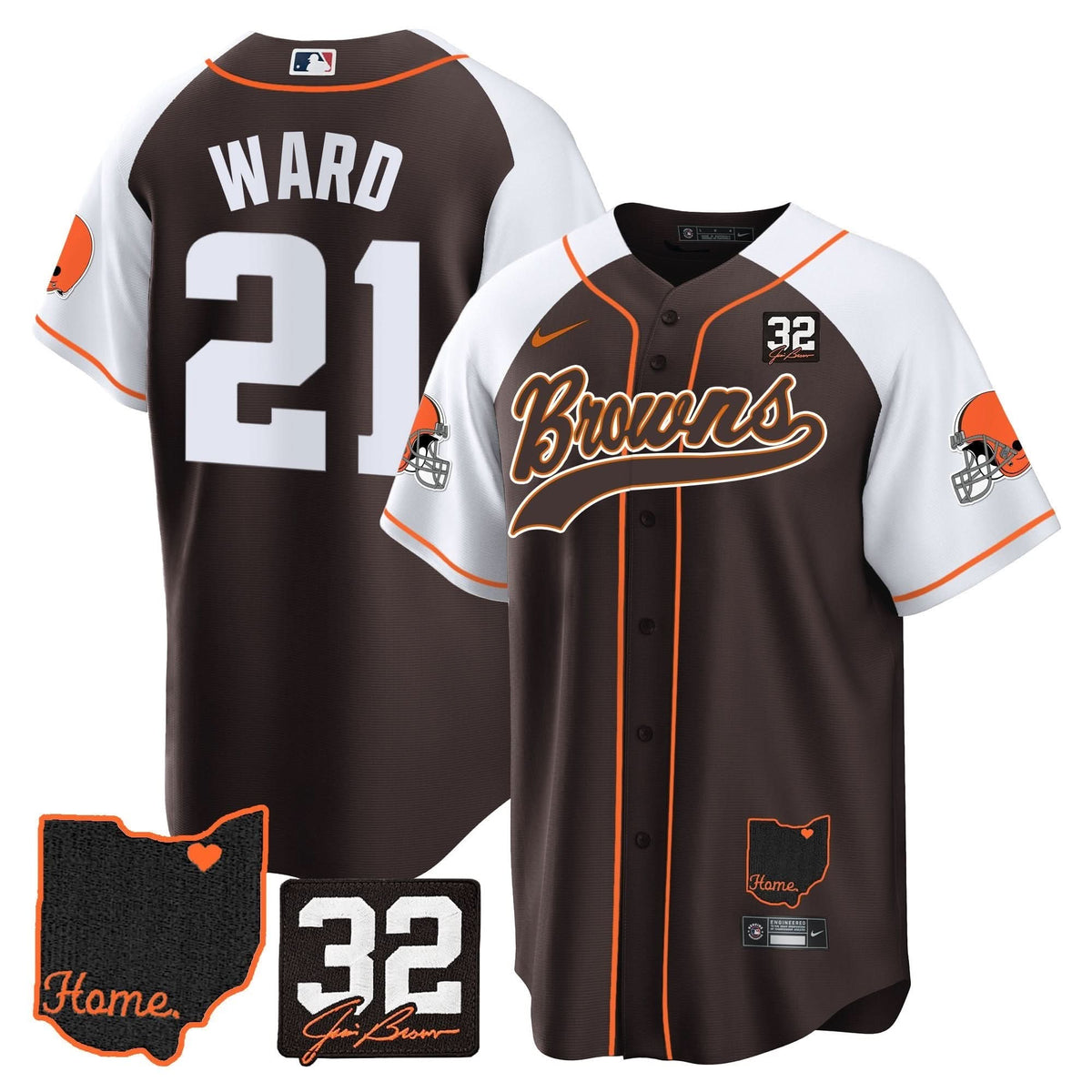 CLE #32 Jim Brown Memorial & Home Patch Baseball Jersey V2