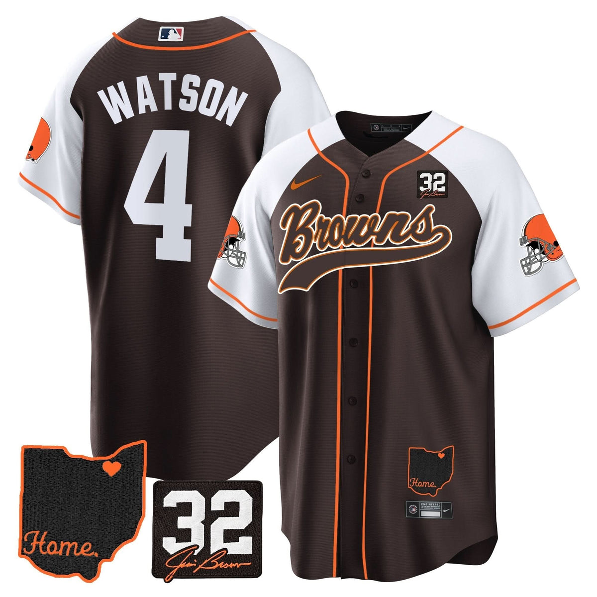 CLE #32 Jim Brown Memorial & Home Patch Baseball Jersey V2