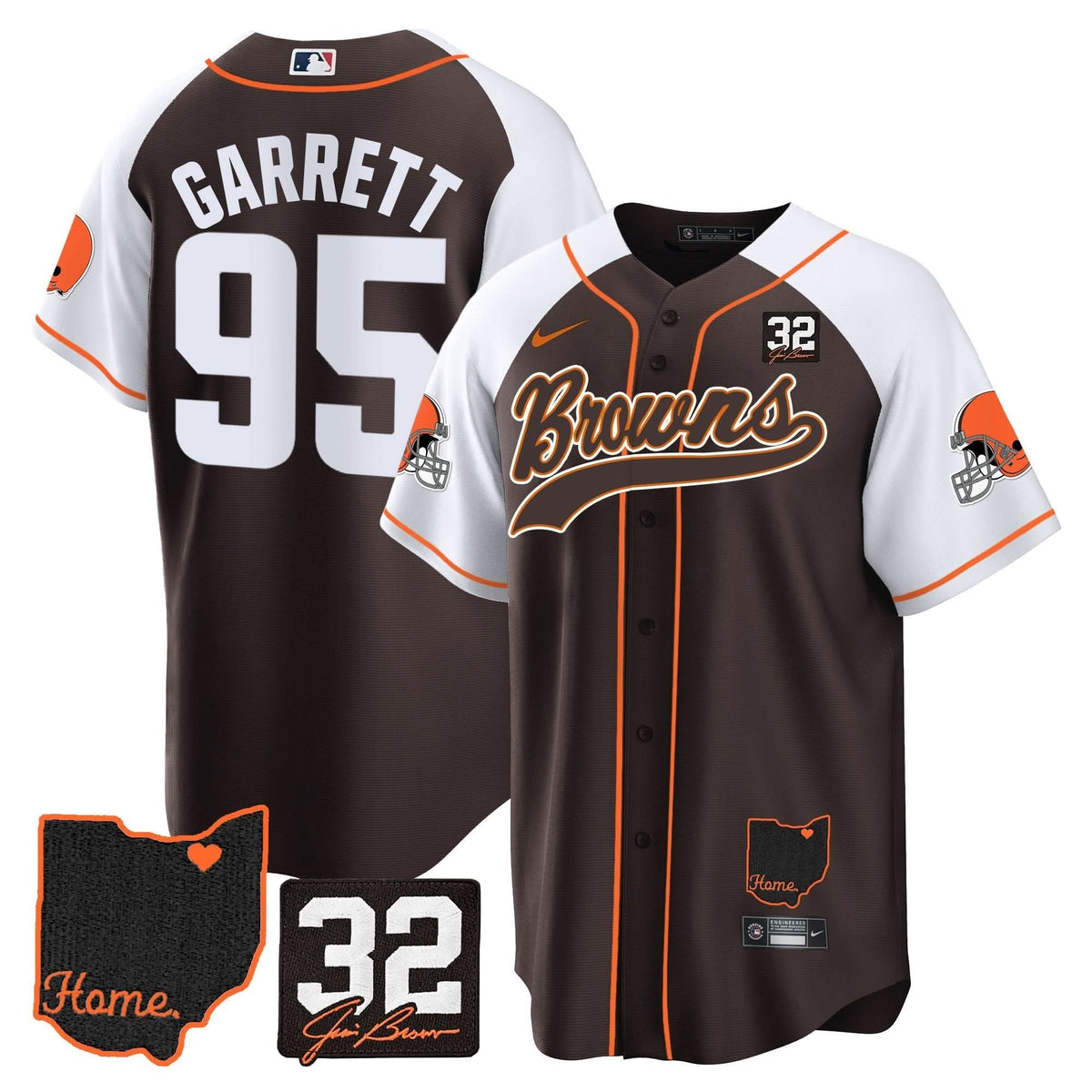 CLE #32 Jim Brown Memorial & Home Patch Baseball Jersey V2