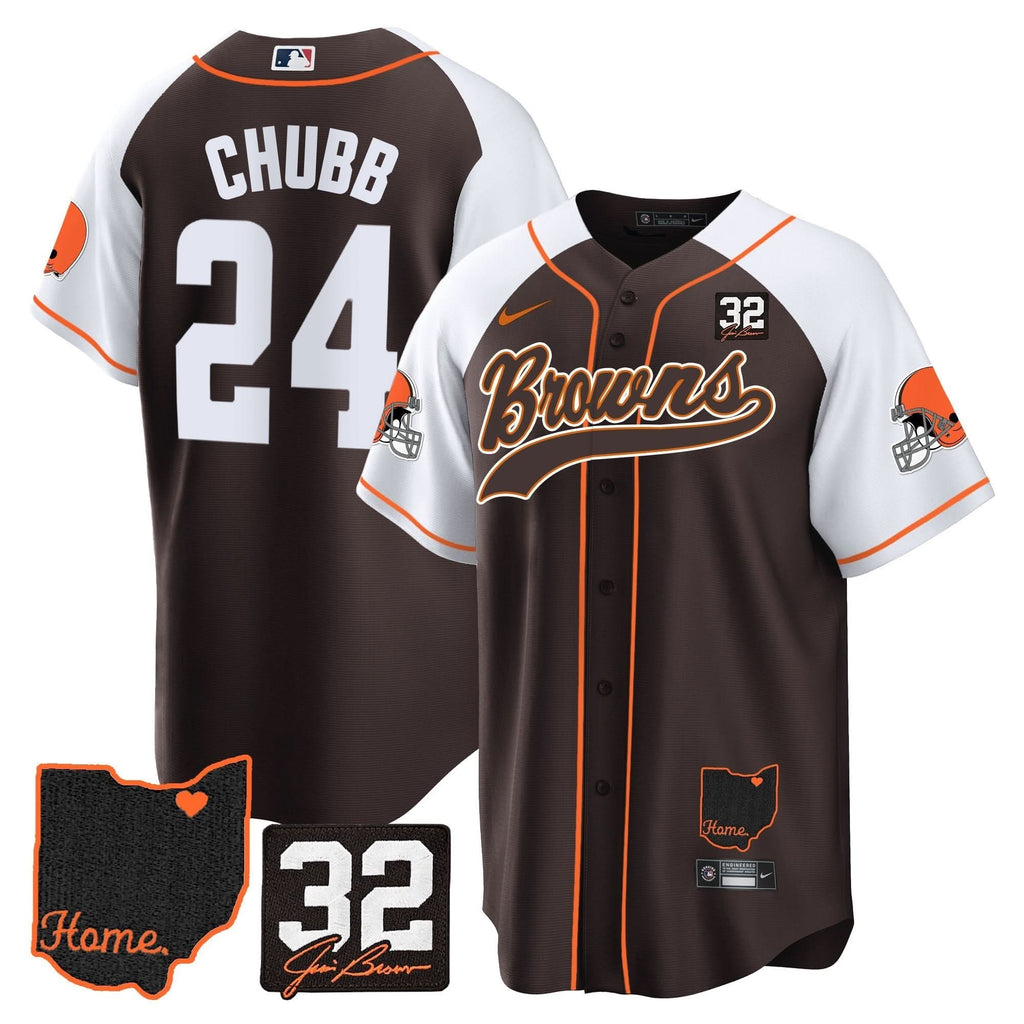 CLE #32 Jim Brown Memorial & Home Patch Baseball Jersey V2