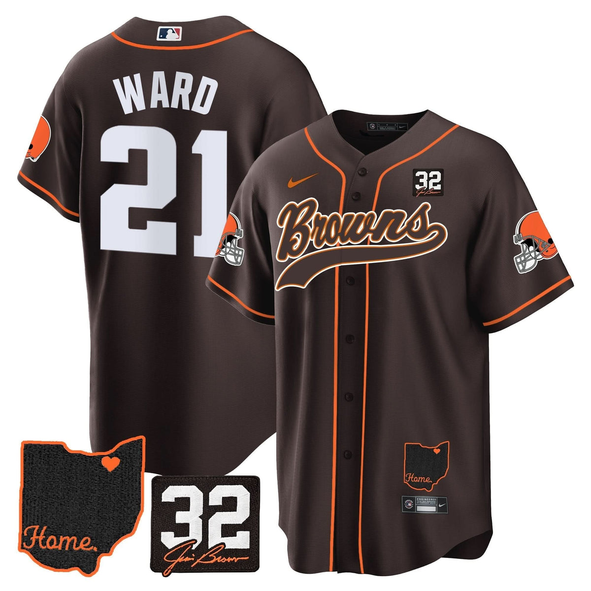CLE #32 Jim Brown Memorial & Home Patch Baseball Jersey V2