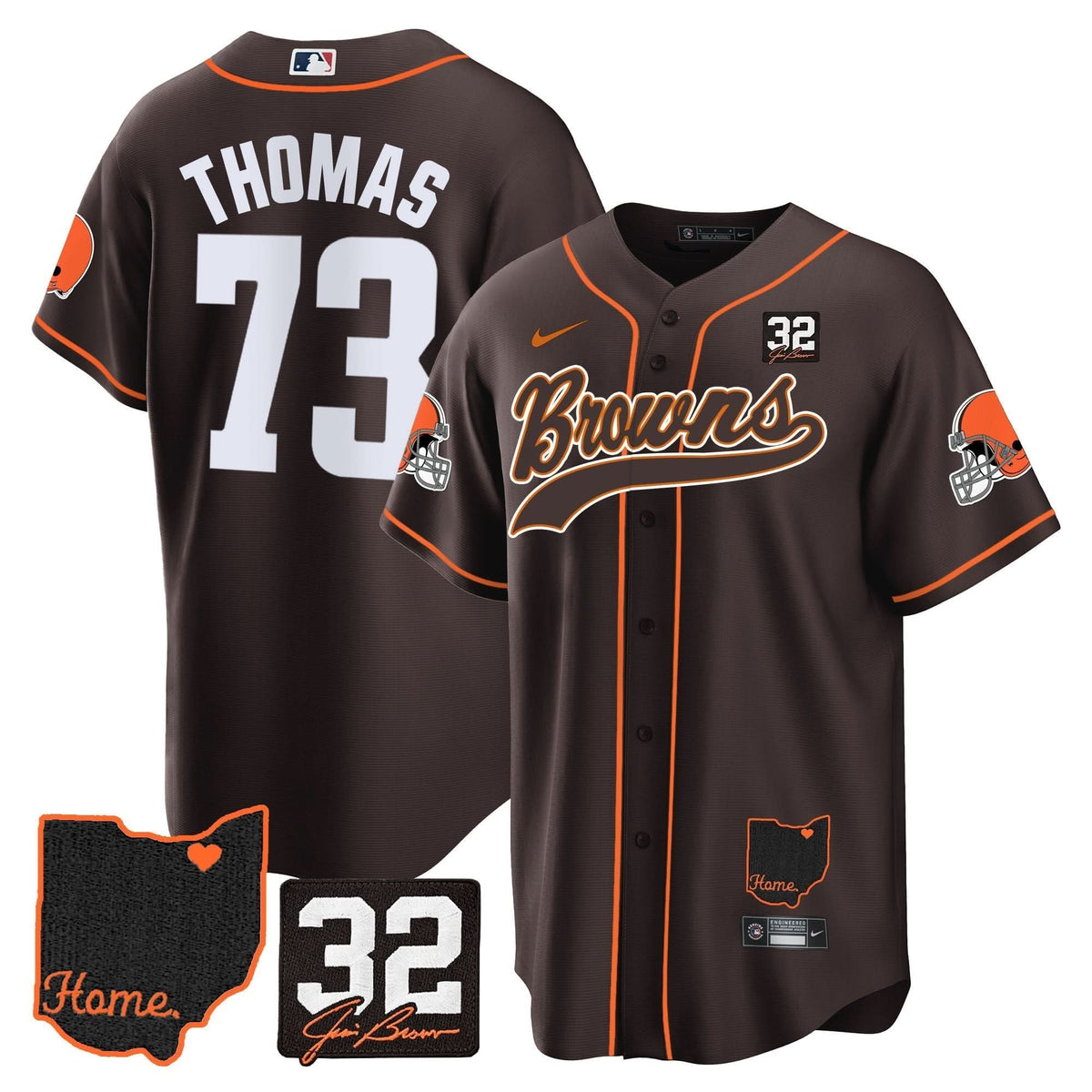 CLE #32 Jim Brown Memorial & Home Patch Baseball Jersey V2