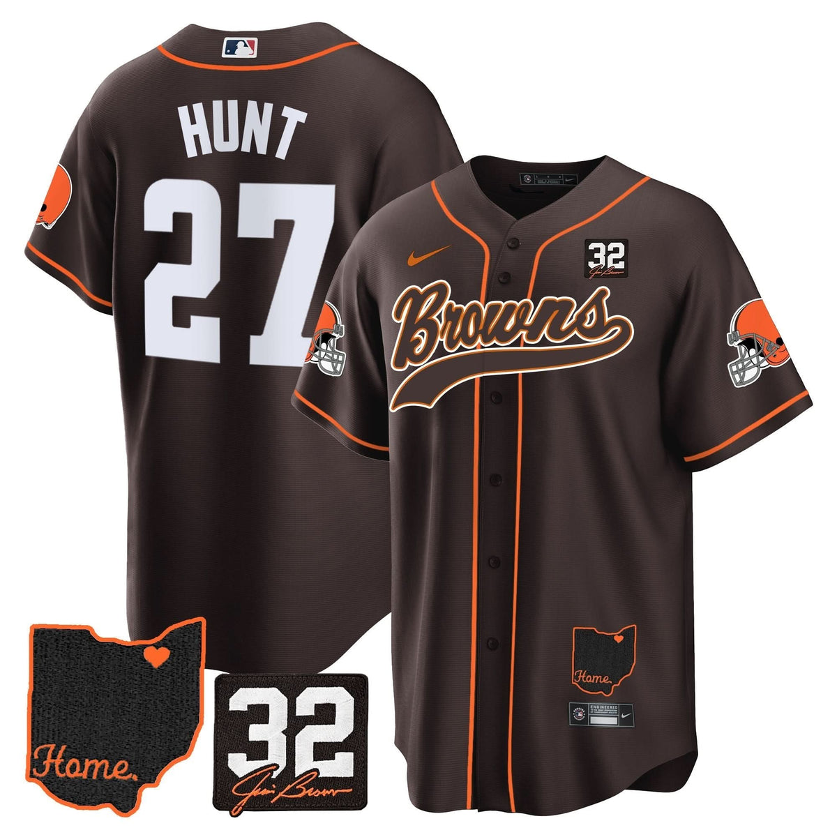 CLE #32 Jim Brown Memorial & Home Patch Baseball Jersey V2