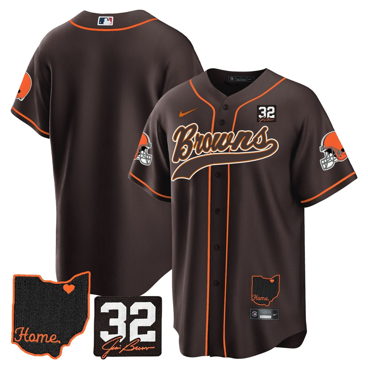 CLE #32 Jim Brown Memorial & Home Patch Baseball Jersey V2