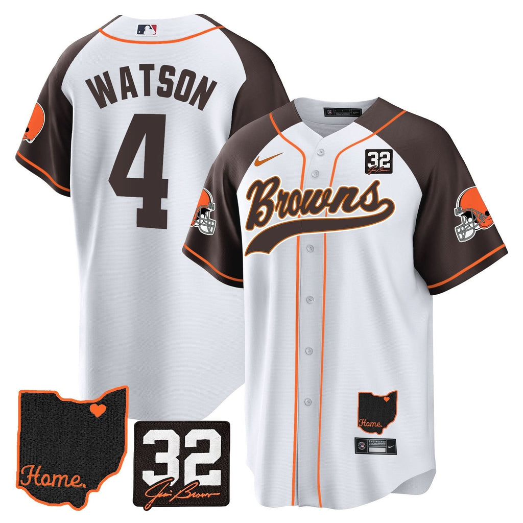 CLE #32 Jim Brown Memorial & Home Patch Baseball Jersey V2