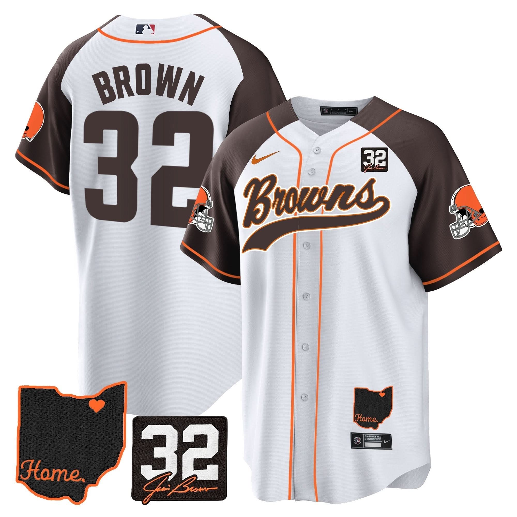 CLE #32 Jim Brown Memorial & Home Patch Baseball Jersey V2
