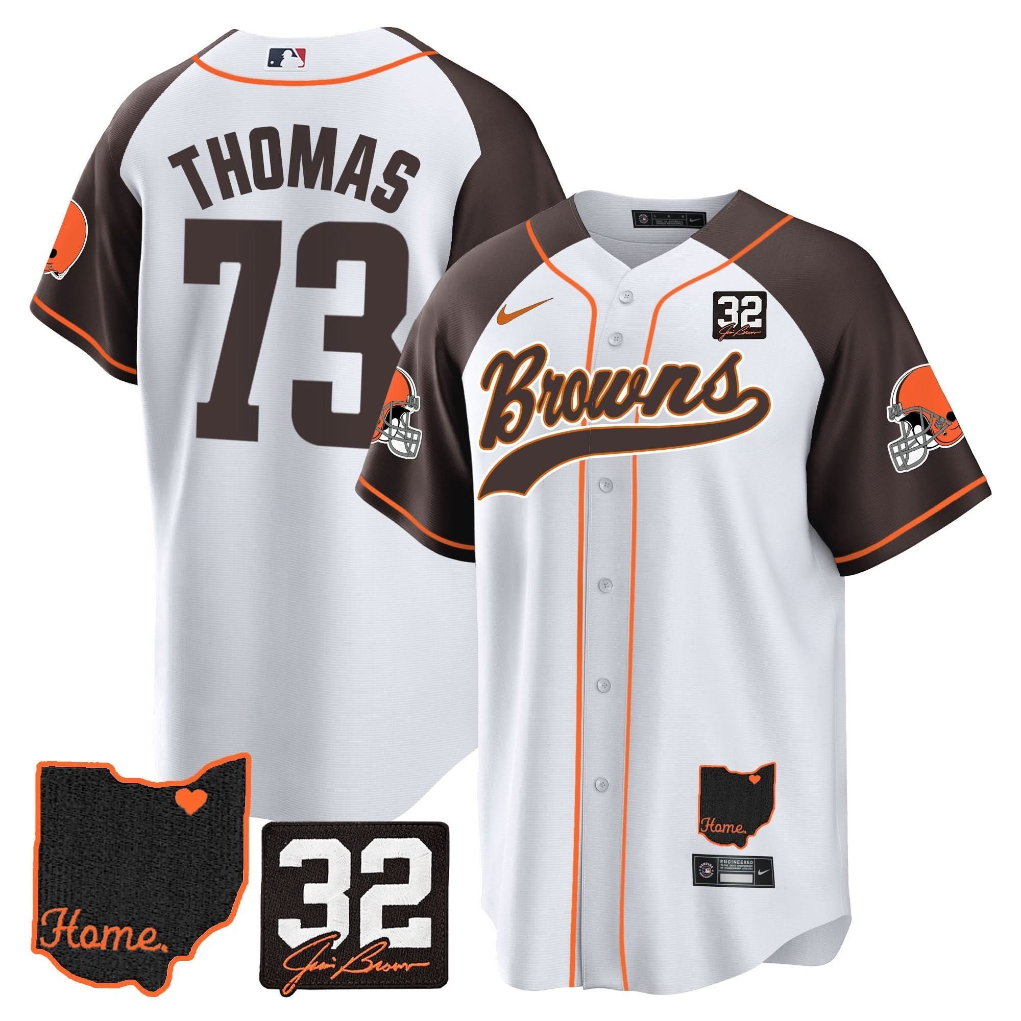 CLE #32 Jim Brown Memorial & Home Patch Baseball Jersey V2