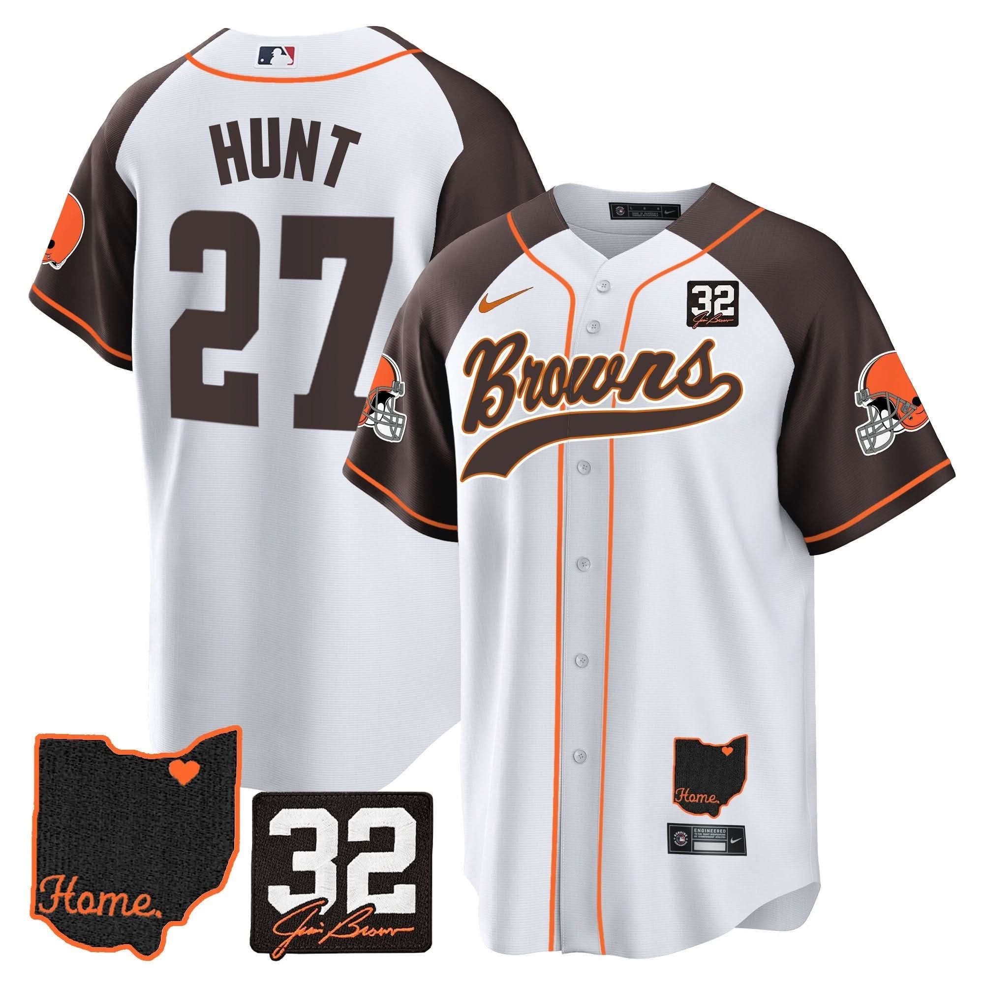 CLE #32 Jim Brown Memorial & Home Patch Baseball Jersey V2