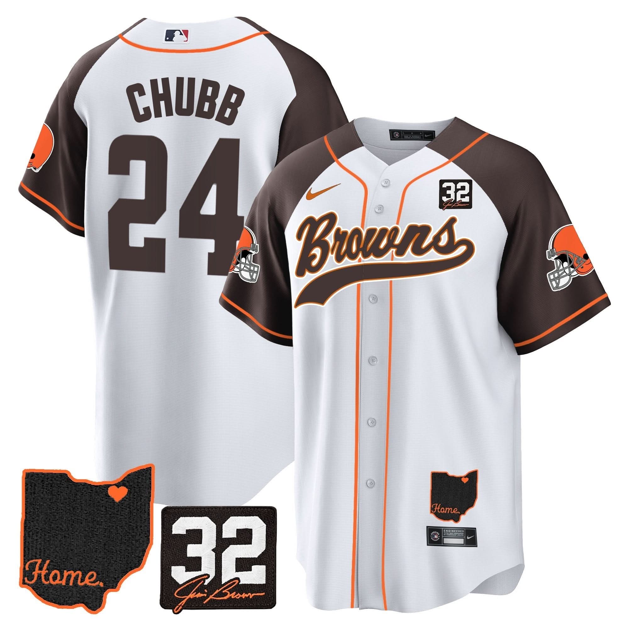 CLE #32 Jim Brown Memorial & Home Patch Baseball Jersey V2