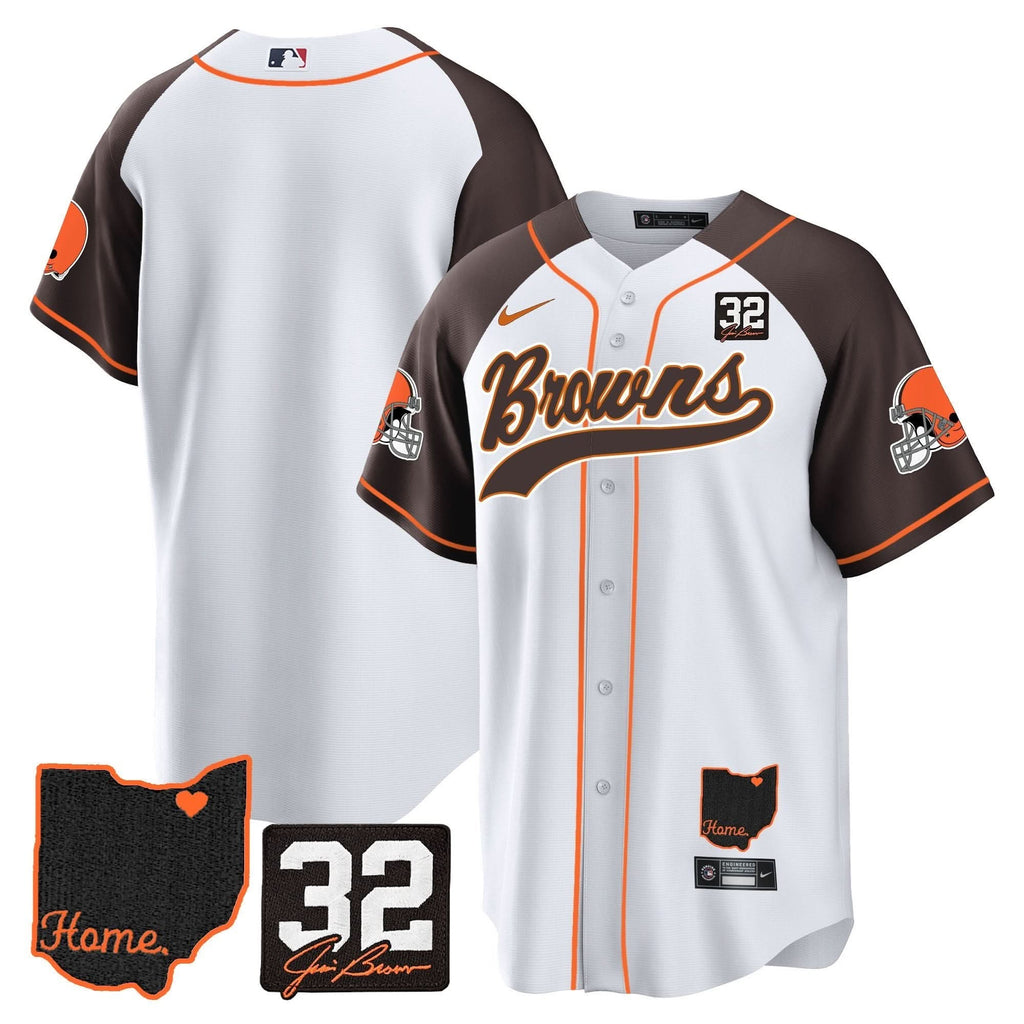 CLE #32 Jim Brown Memorial & Home Patch Baseball Jersey V2