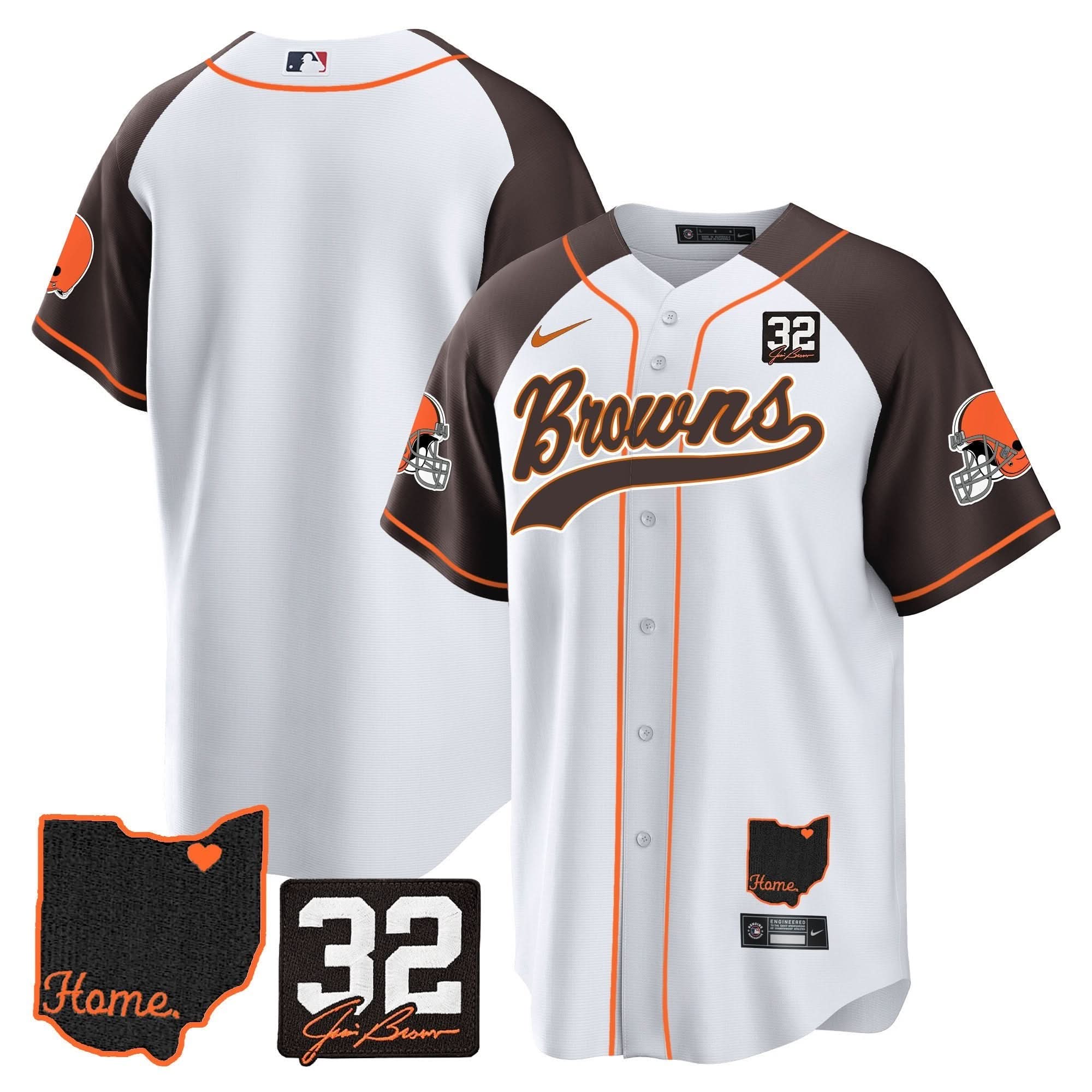 CLE #32 Jim Brown Memorial & Home Patch Baseball Jersey V2