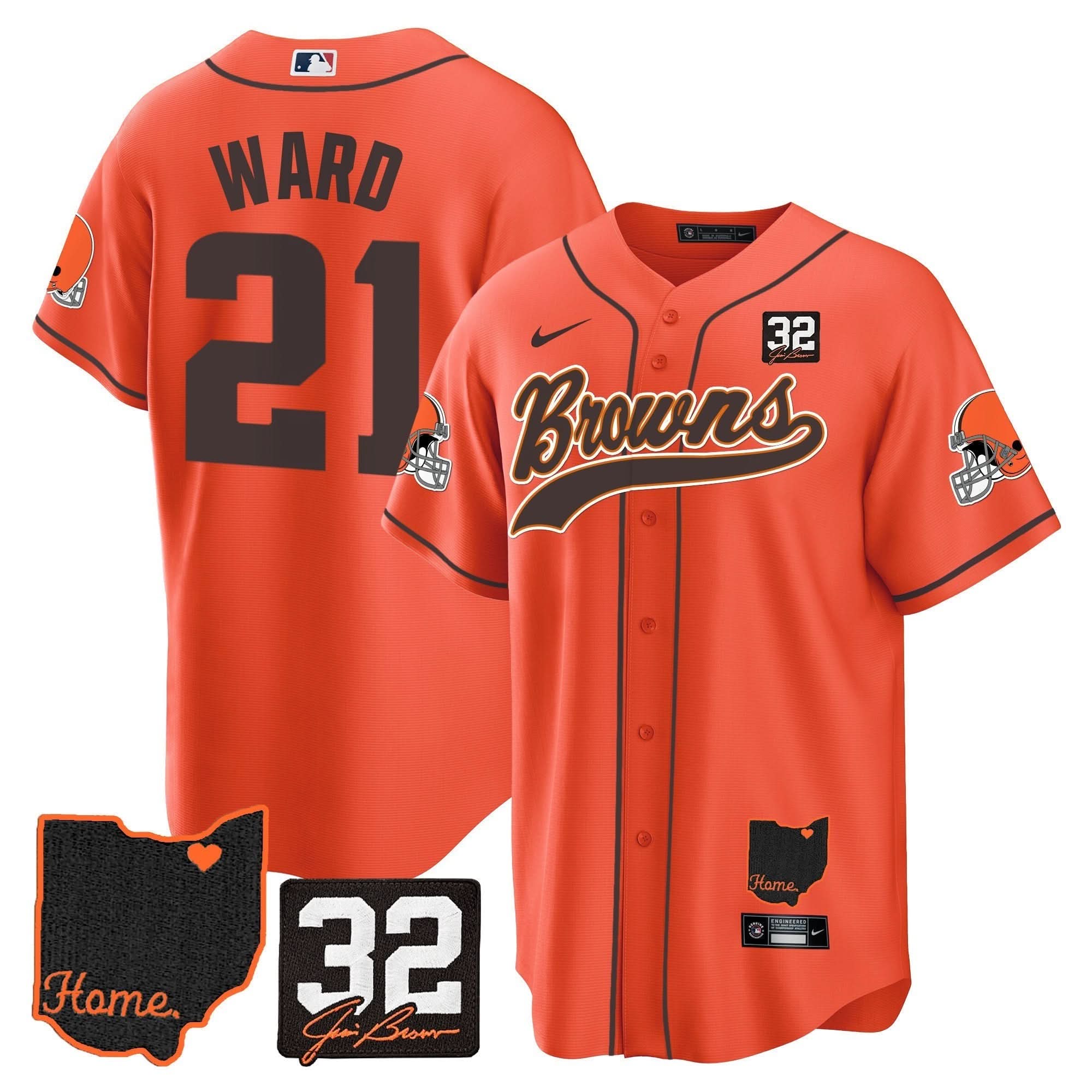 CLE #32 Jim Brown Memorial & Home Patch Baseball Jersey V2