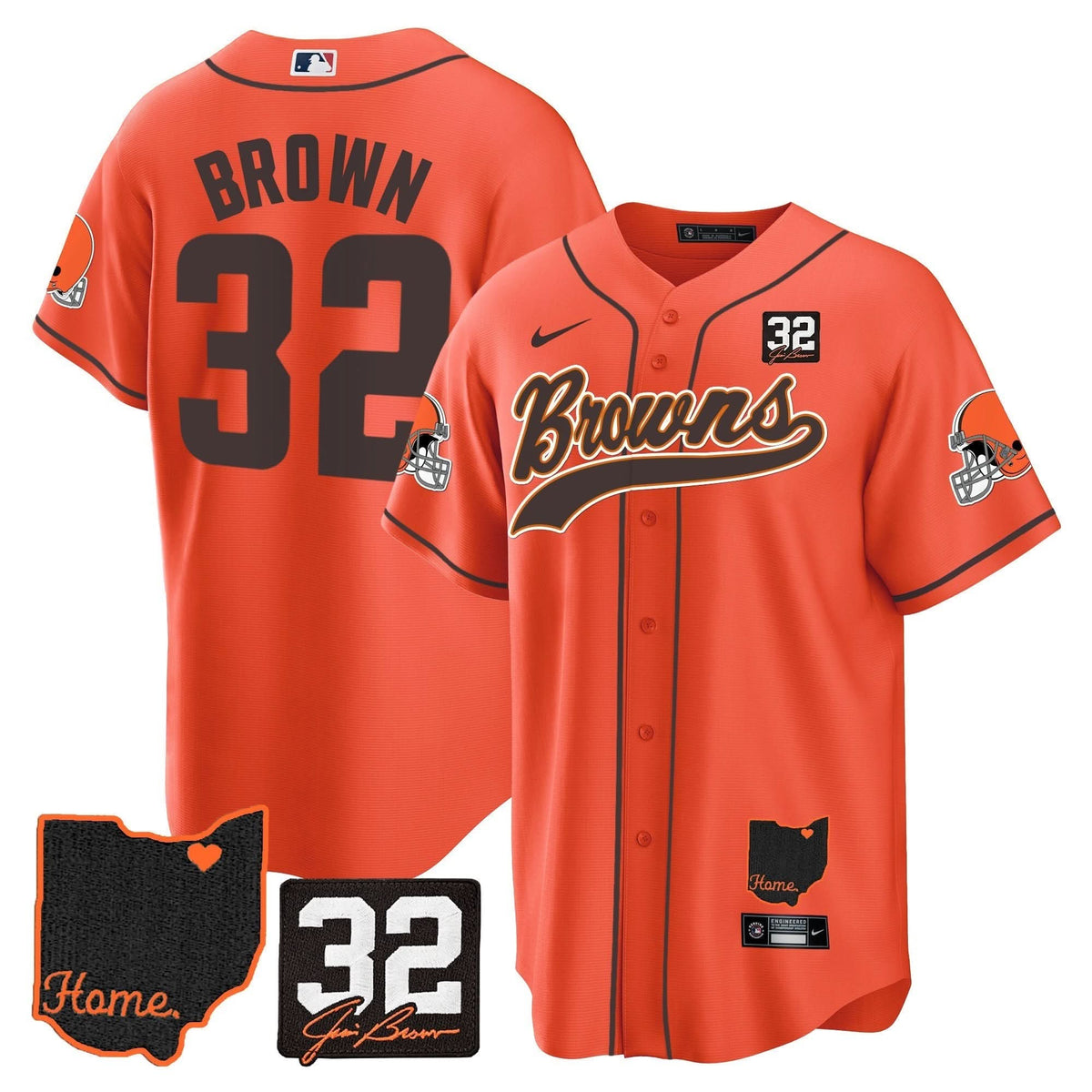 CLE #32 Jim Brown Memorial & Home Patch Baseball Jersey V2