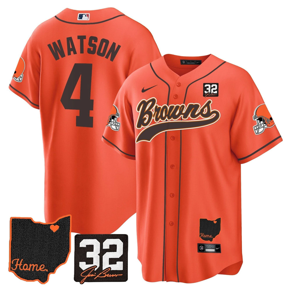 CLE #32 Jim Brown Memorial & Home Patch Baseball Jersey V2